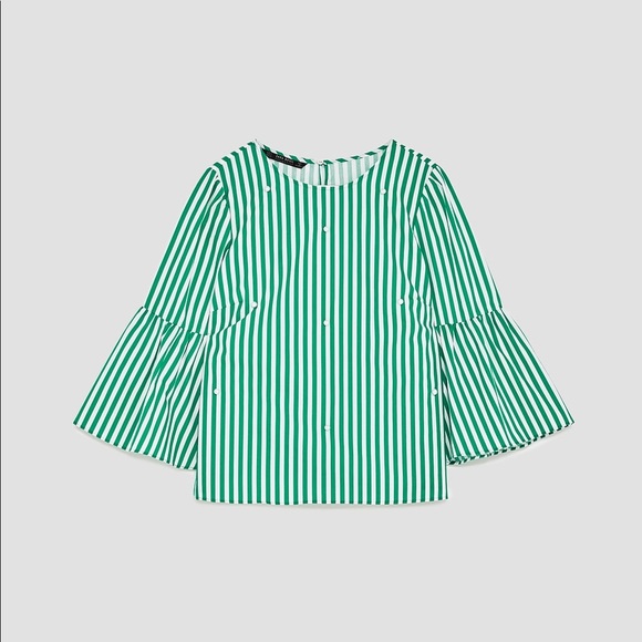 NWOT Zara Striped Poplin Pearl Bell Sleeve Blouse - Picture 6 of 6